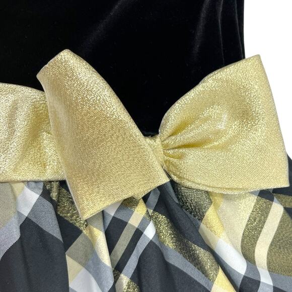 Bonnie Jean Girls 2T Holiday Dress Black Velvet Gold Plaid Bow Party Dress - Picture 3 of 5
